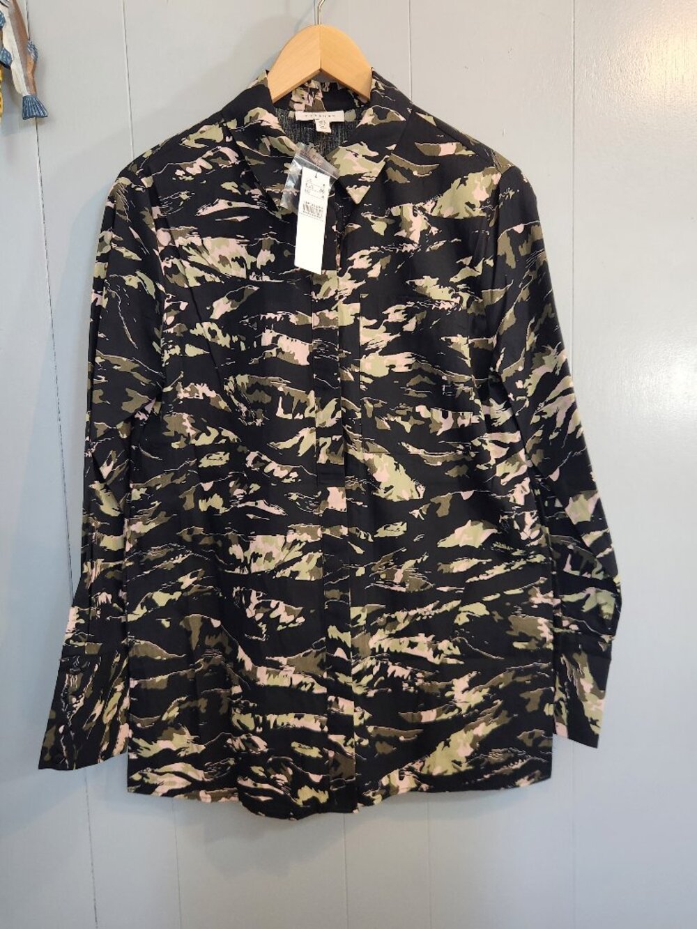 Topshop NWT green camouflage print tunic blouse long sleeve button